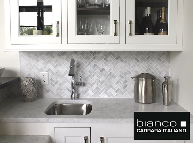 Carrara Bianco Herringbone Backsplash Tile Honed